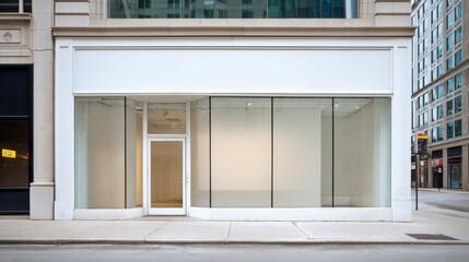 Storefront with Blank Signage for Custom Branding in Urban Downtown Setting, Providing Retail Space