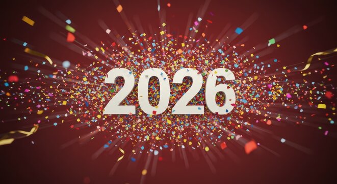 Festive 2026 Celebration: Confetti Explosion, New Year's Eve, Red Background. - Powered by Adobe