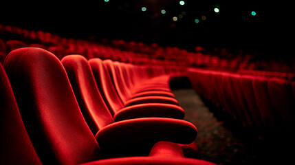 Close-up view of empty red theater seats in a darkened auditorium, ready for a show.