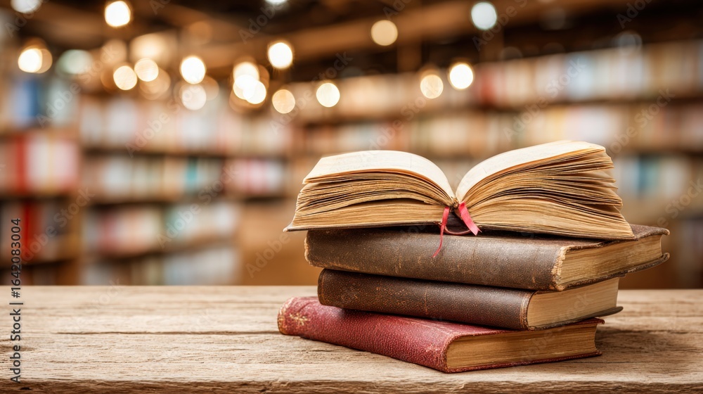 Poster stack of vintage books with open book on top in library setting with bokeh lights