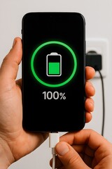 closeup of hand holding smartphone with full battery power indicator