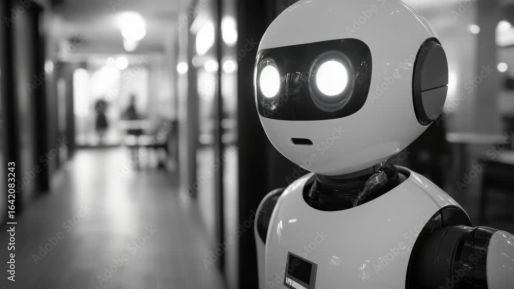 Poster a human-like robot designed for functionality and aesthetics, situated in an office setting where it