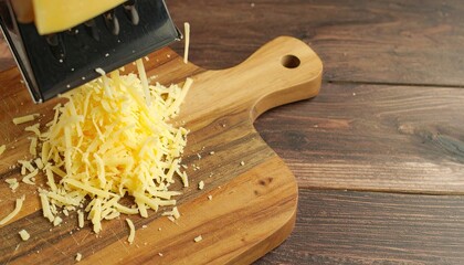 Shredded cheese falls onto a wooden cutting board from a metal grater.