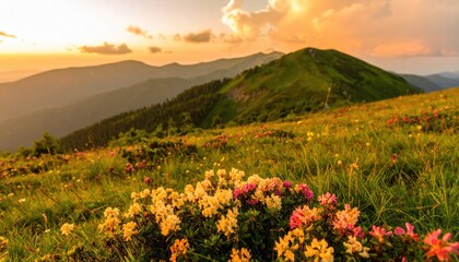 Yellow, pink, and orange flowers bloom in a grassy mountain meadow during a golden sunset.