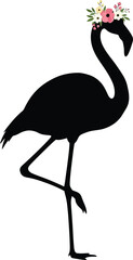 Fototapeta premium Elegant black flamingo silhouette wearing a delicate floral crown silhouette