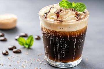 A frothy coffee drink with whipped cream and mint.