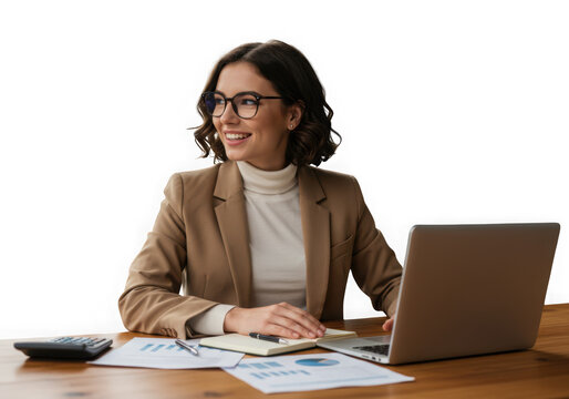 Smiling businesswoman working on laptop at desk with papers - Powered by Adobe