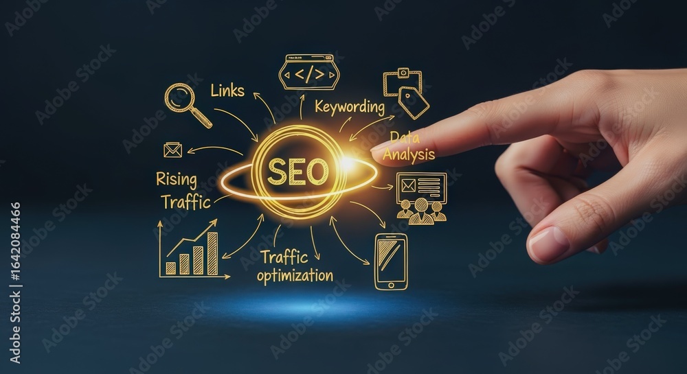 Poster seo optimization strategy with hand pointing to data analysis for rising traffic and keywording