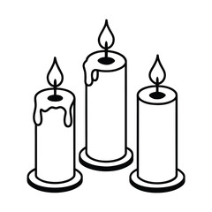 three burning candles on white background