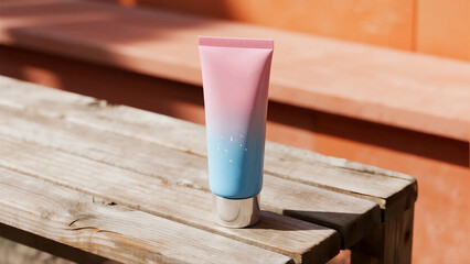 A pink and blue gradient tube of skincare product on wooden table