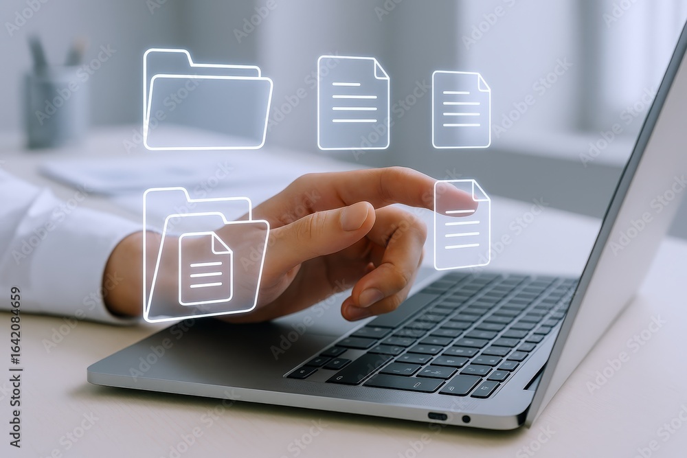 Poster digital document management concept showcasing a hand interacting with folder and file icons on a la
