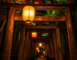 Wooden torii gate archway, lanterns glow