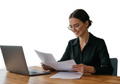 Smiling woman with glasses reviewing documents at a wooden desk with a laptop