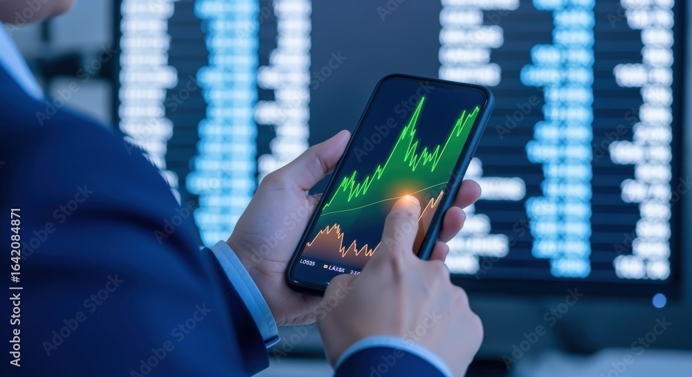 Poster trader analyzing stock market data on smartphone with financial charts displayed on screen