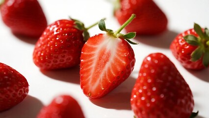 Fresh Ripe Strawberries with Green Leaves on White Background