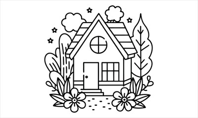 Cute house flowers t shirt design silhouette and vector line art, high-quality illustration ideal for adult coloring books, art therapy, relaxation and stress relief printable designs