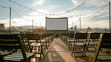 Fototapeta premium Rooftop Cinema Experience: Outdoor Movie Screening with Empty Seats and City Skyline at Sunset
