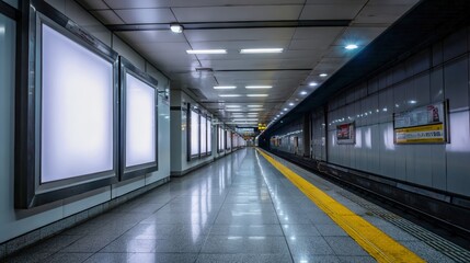 Fototapeta premium Subway Station Interior with Blank Advertising Displays Ready for Custom Messaging in Urban Transit