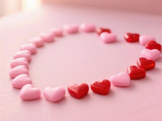 Obraz premium Heart shaped candies arranged in a circle on pink background
