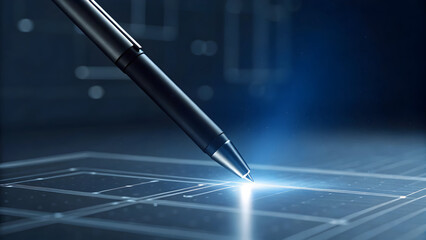 Smart pen sketching futuristic blueprint in midair