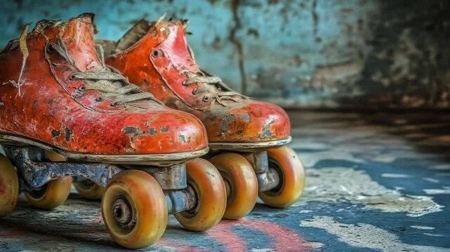 Old worn pair of roller skates on a faded blue grungy background
