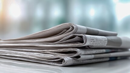Stack of Folded Newspapers on a White Surface, Depicting Information, News, and Current Events