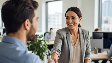 Friendly HR Manager Greeting New Hire with Warm Smile in Open-Plan Office