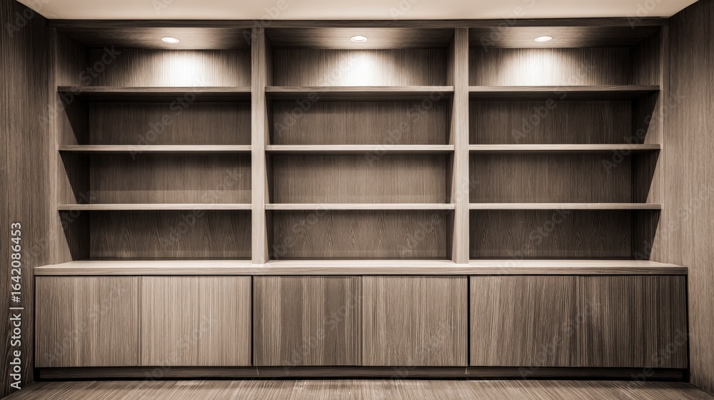 Poster empty wooden bookshelf with built-in lighting: ideal for mockups, backgrounds, and interior design v