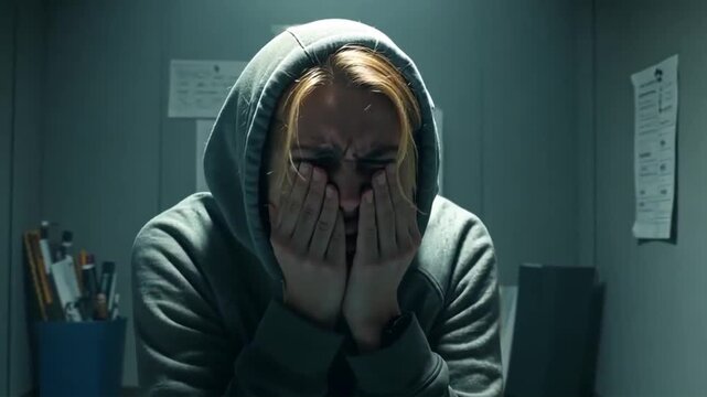 A person in a hooded sweatshirt cries covering their face with their hands