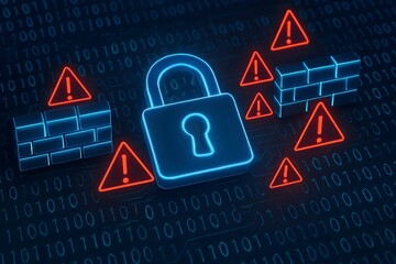 Cybersecurity threat detection and prevention with firewall and padlock for data protection online safety