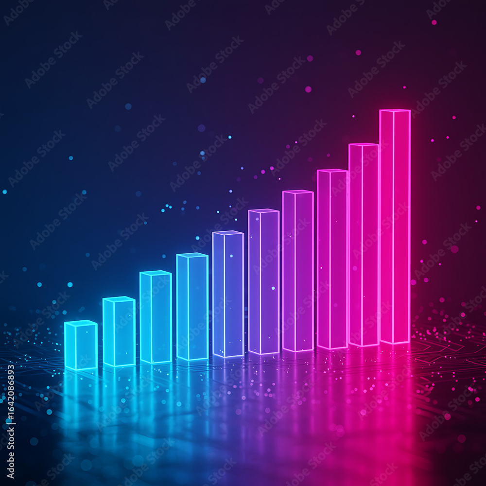 Poster glowing neon bar chart rising trend with data visualization against dark futuristic background