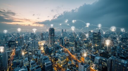 Fototapeta premium Cityscape Network Connection: Aerial View of Urban Technology with Wireless Communication Infrastructure and Modern Skyline