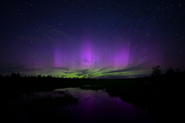Northern Lights or Aurora Borielis showing dynamic pink columns of flickiering lights over a river