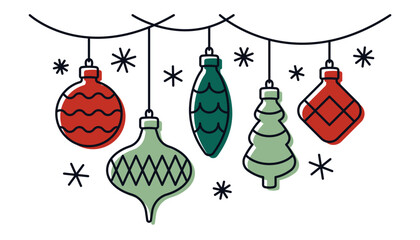 Hanging Christmas tree toys. Colored outline linear silhouette. Editable strokes. Vector simple flat graphic illustration. Isolated object on white background. Isolate.