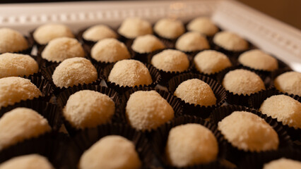 Traditional Brazilian beijinho coconut truffles made with Leite Ninho milk powder. Elegant bite-sized sweets perfect for dessert tables, parties, and gourmet food photography