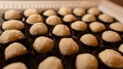 Traditional Brazilian beijinho coconut truffles made with Leite Ninho milk powder. Elegant bite-sized sweets perfect for dessert tables, parties, and gourmet food photography