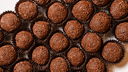 Traditional Brazilian brigadeiro chocolate truffles in elegant presentation. Perfect for dessert tables, party favors, and gourmet food photography with rich cocoa flavor