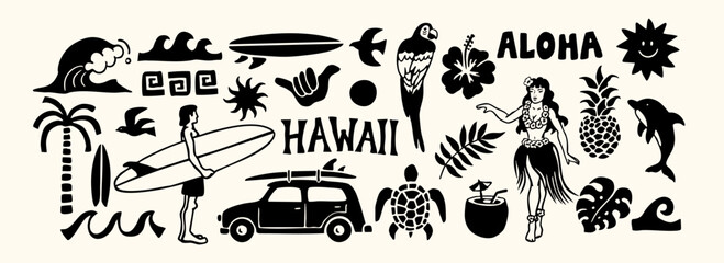 Obraz na płótnie Canvas Hawaiian-themed vector graphic set featuring surfer, waves, tropical plants, parrot, hula dancer, dolphins, pineapples, tiki elements, and 