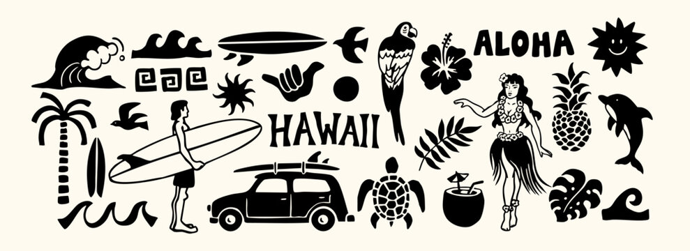 Hawaiian-themed vector graphic set featuring surfer, waves, tropical plants, parrot, hula dancer, dolphins, pineapples, tiki elements, and "Aloha" text. Perfect for summer, beach, travel, and vacation