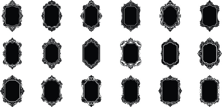 Vector art of collection of 15 ornate decorative frames and borders with vintage, elegant, and classic design elements, isolated on transparent background