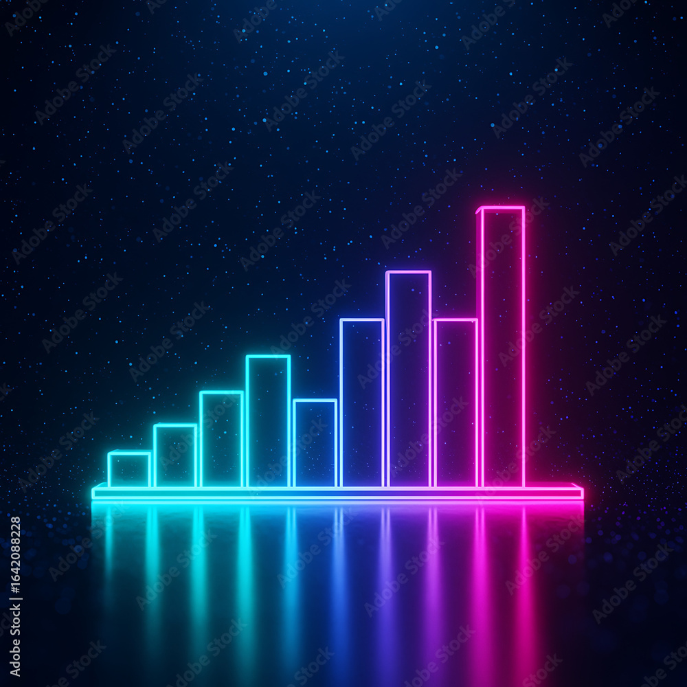 Poster luminous neon bar chart showing data growth and financial analytics
