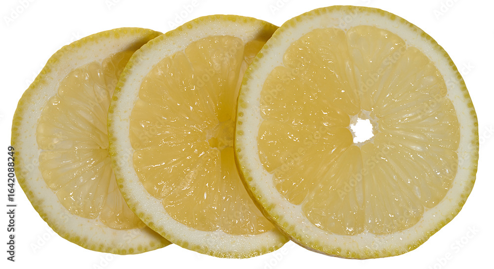 Poster close-up of three thin round lemon slices placed overlapping each other. isolated background