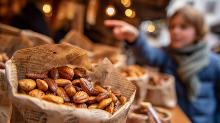 Detail of caramelized almonds in a paper pouch, blurred child with scarf pointing in a stall in the background