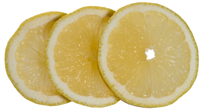 Close-up of three thin round lemon slices placed overlapping each other. Isolated background