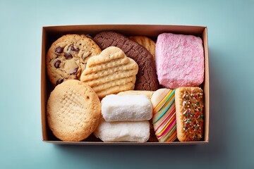 Variety of Unique Cookies in Open Cardboard Box Featuring Different Shapes, Colors, and Flavors