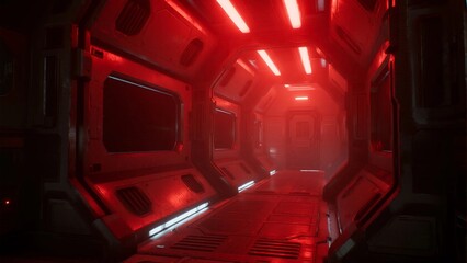Red-lit Sci-fi Corridor with Futuristic Doorway and Holographic Panels