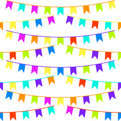 Obraz premium Abstract colorful pattern. Seamless print composed of red, blue, yellow, green flags on white background. Festive garland of flags