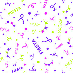 Abstract colorful pattern. Seamless print composed of pink, purple, green flags, stars and words fiesta on black background. Print with words in spanish