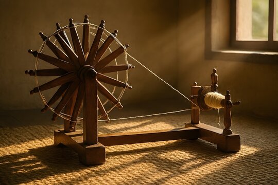 Vintage indian spinning wheel textile industry handloom charkha craft traditional weaving machine equipment