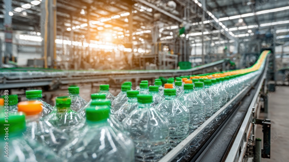 Poster automated bottling line: production of plastic bottles on a conveyor belt in a factory setting